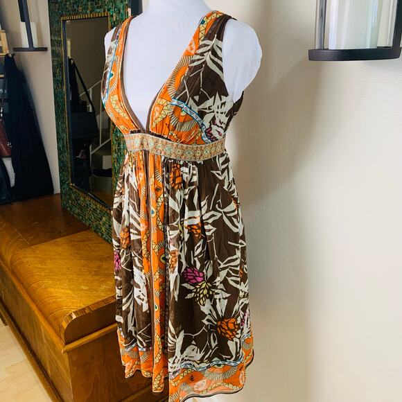 Vintage Dresses & Skirts - Vintage Nicole Miller Sz 4 Silk Plunge Sleeveless Dress Brown Orange Summer Fall